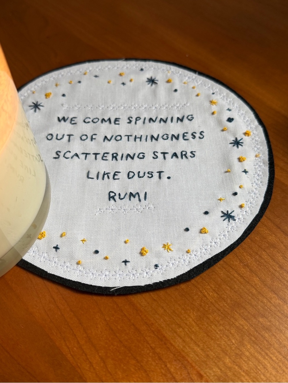Hand Embroidered Round Coaster with Rumi quote